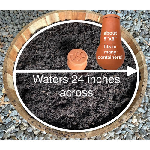 Handcrafted unglazed terra cotta garden watering pot about 9 by 5 inches, designed for efficient irrigation over 24 inches, featured in Farm, Garden & Tool and Garden Accessories collections.