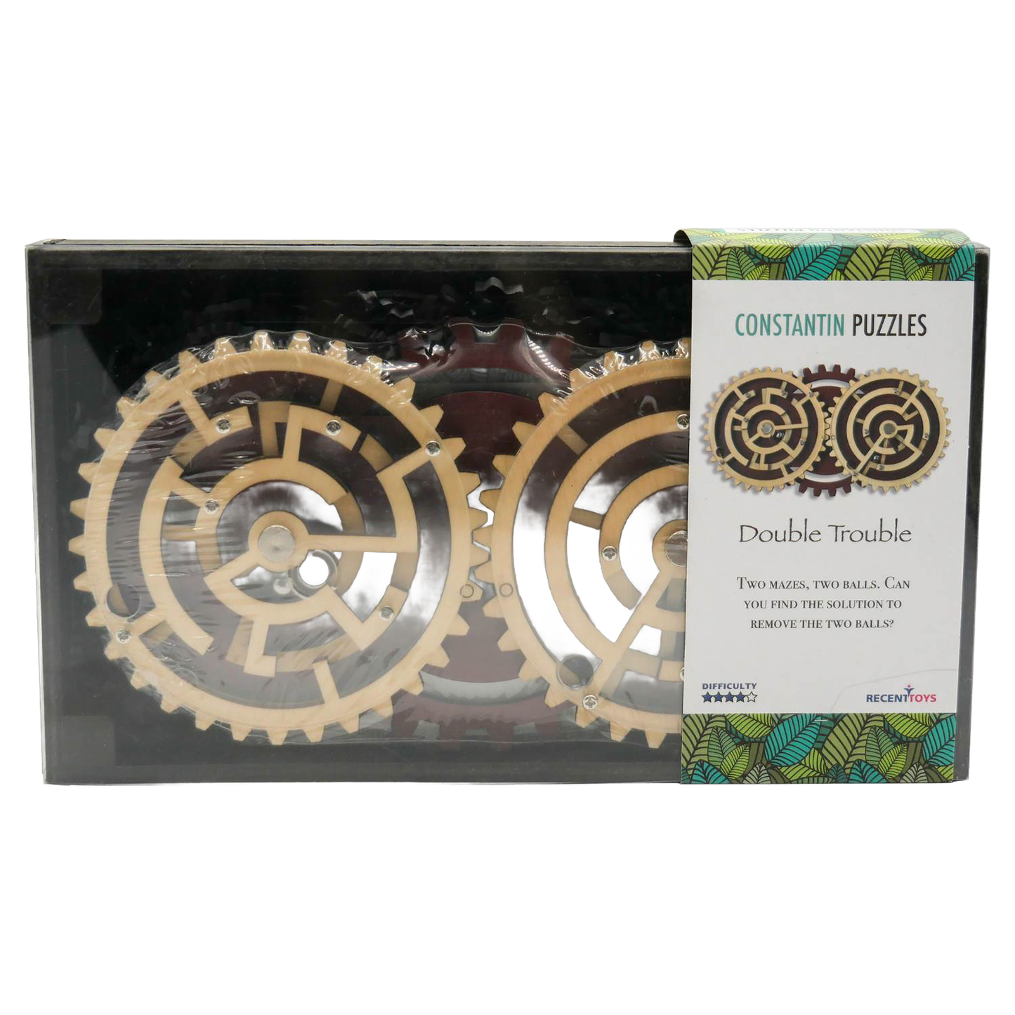 Unique handcrafted wooden gear puzzle featuring two interlocking circular mazes with metal balls, challenging brainteaser for Toys, Books & Games and Puzzles collections.
