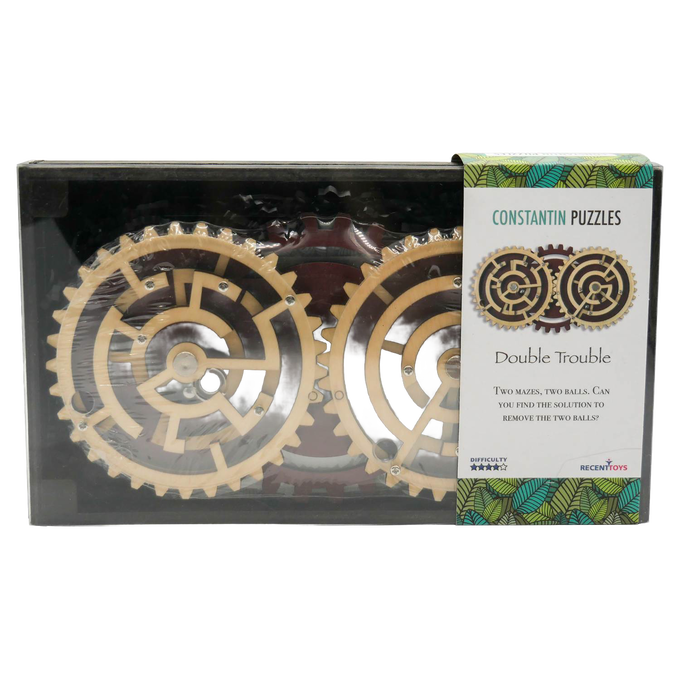 Unique handcrafted wooden gear puzzle featuring two interlocking circular mazes with metal balls, challenging brainteaser for Toys, Books & Games and Puzzles collections.
