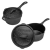 Heavy-duty handcrafted cast iron saucepan and lid set with raised design on lid, ideal for camping, cookware collections, farm and garden use, and outdoor cooking needs.
