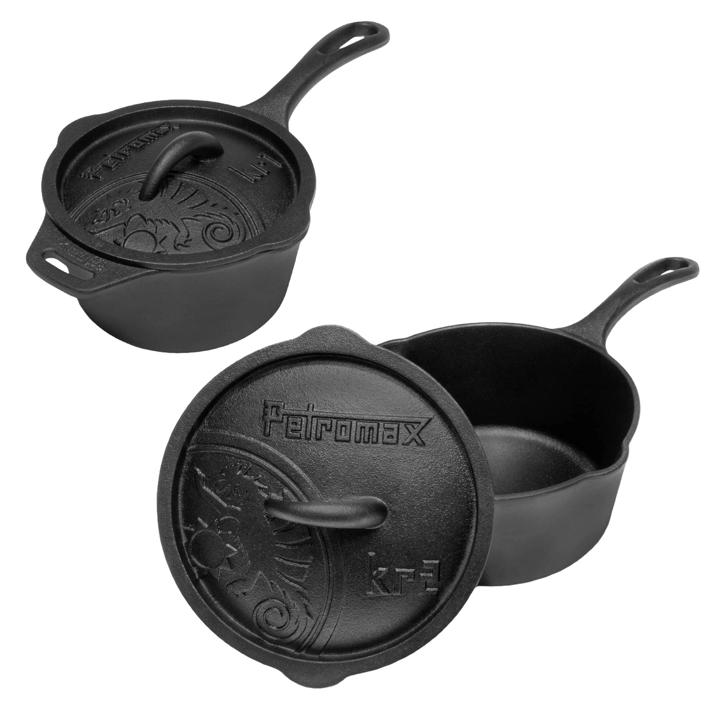 Heavy-duty handcrafted cast iron saucepan and lid set with raised design on lid, ideal for camping, cookware collections, farm and garden use, and outdoor cooking needs.