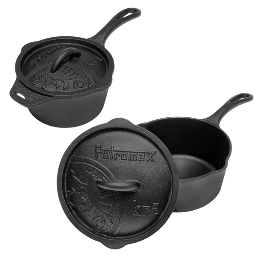 Heavy-duty handcrafted cast iron saucepan and lid set with raised design on lid, ideal for camping, cookware collections, farm and garden use, and outdoor cooking needs.