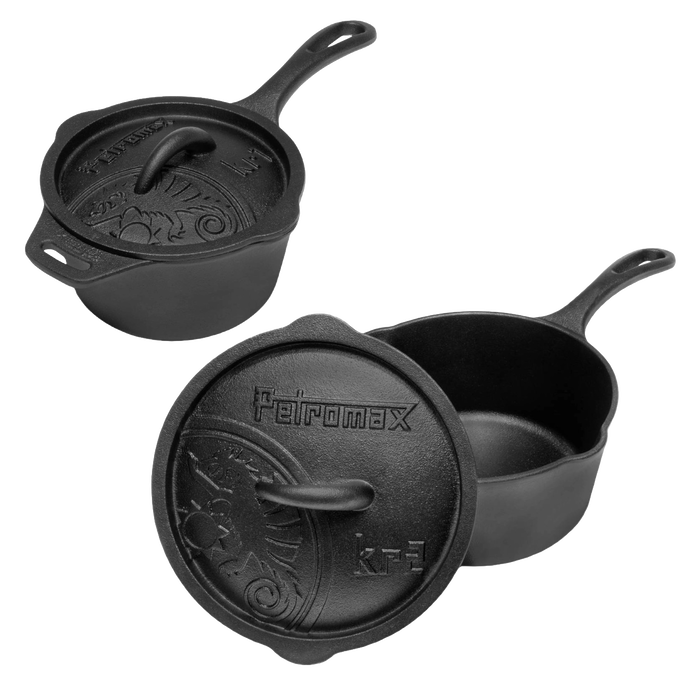 Heavy-duty handcrafted cast iron saucepan and lid set with raised design on lid, ideal for camping, cookware collections, farm and garden use, and outdoor cooking needs.