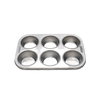 Stainless steel muffin pan with six deep, evenly spaced cups, featuring a durable, rust-resistant finish, ideal for baking muffins or cupcakes in Kitchen & Food and Baking Supplies collections.