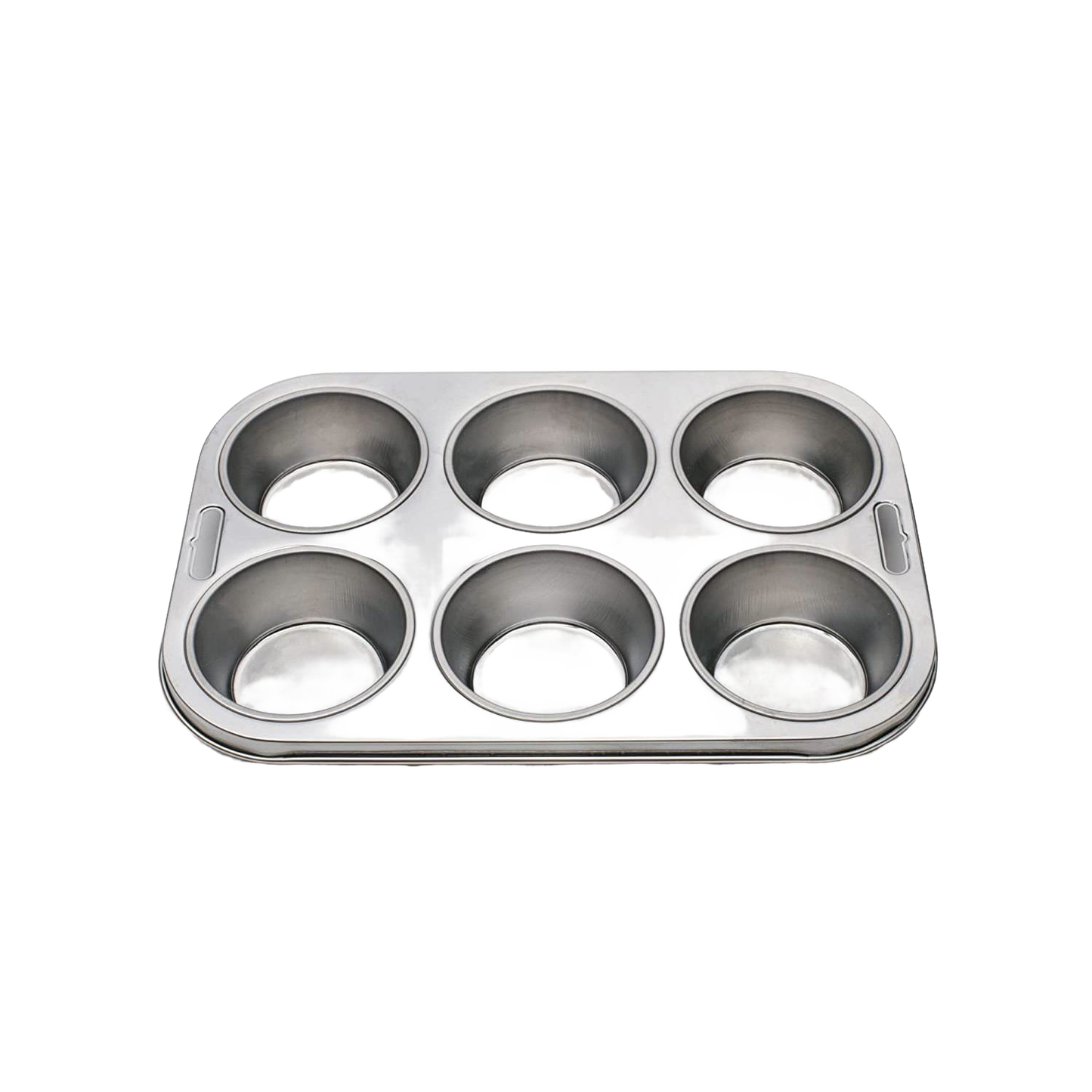Stainless steel muffin pan with six deep, evenly spaced cups, featuring a durable, rust-resistant finish, ideal for baking muffins or cupcakes in Kitchen & Food and Baking Supplies collections.