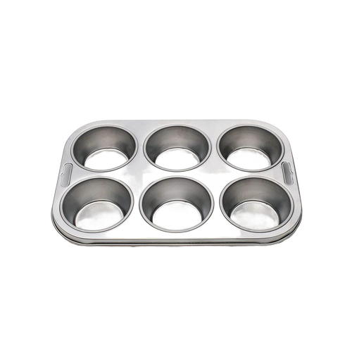 Stainless steel muffin pan with six deep, evenly spaced cups, featuring a durable, rust-resistant finish, ideal for baking muffins or cupcakes in Kitchen & Food and Baking Supplies collections.