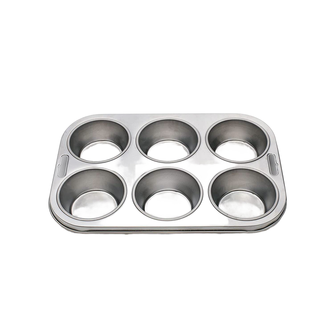 Stainless steel muffin pan with six deep, evenly spaced cups, featuring a durable, rust-resistant finish, ideal for baking muffins or cupcakes in Kitchen & Food and Baking Supplies collections.