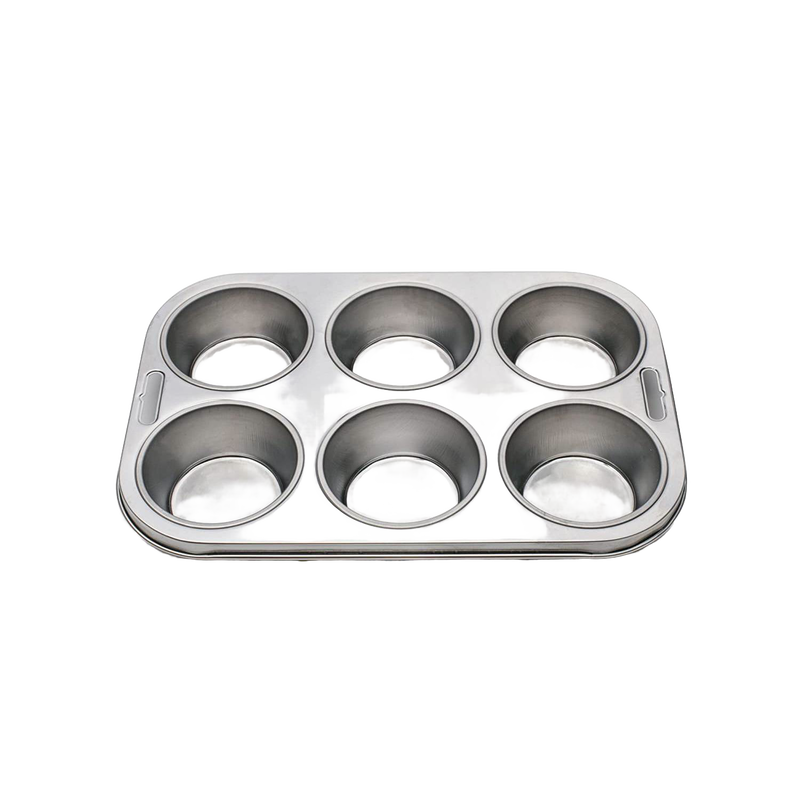 Stainless steel muffin pan with six deep, evenly spaced cups, featuring a durable, rust-resistant finish, ideal for baking muffins or cupcakes in Kitchen & Food and Baking Supplies collections.