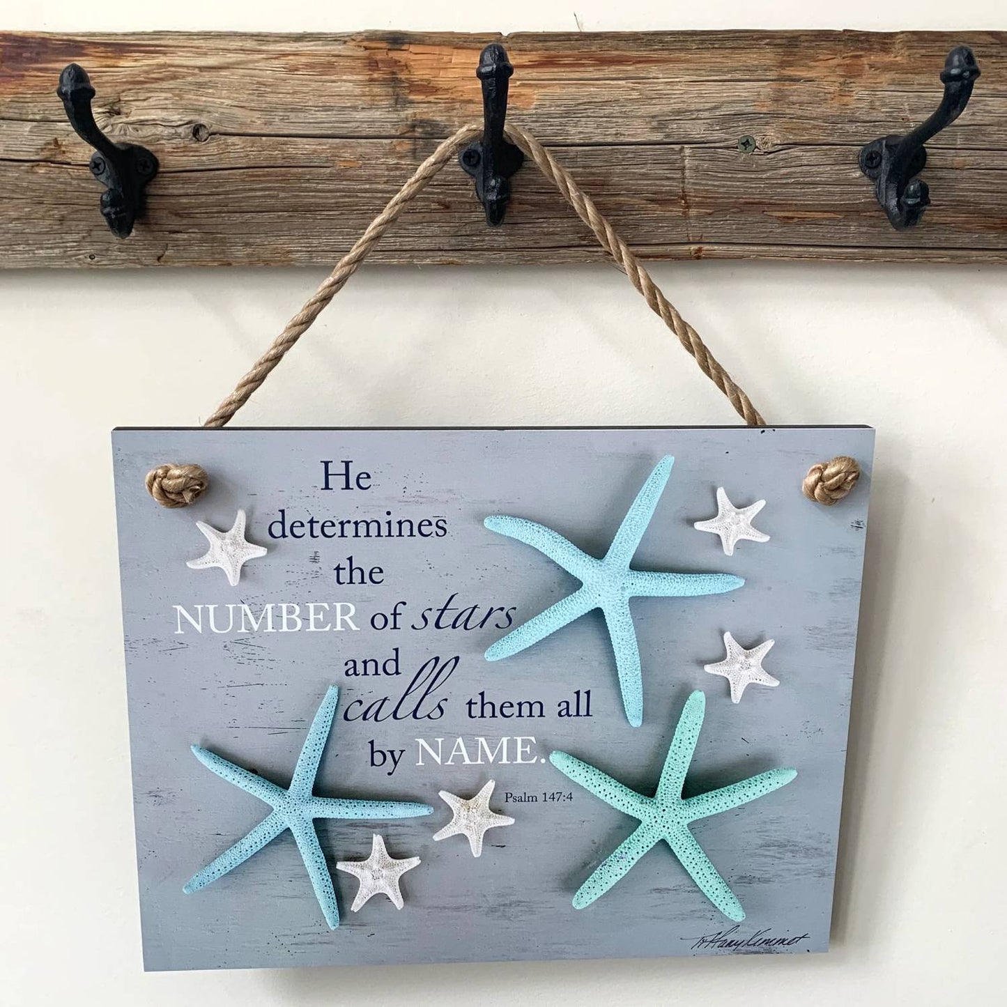 Handcrafted hanging plaque with blue and white starfish accents featuring an uplifting Bible verse from Psalm, made in USA, perfect for Home & Decor and Best Sellers collections.