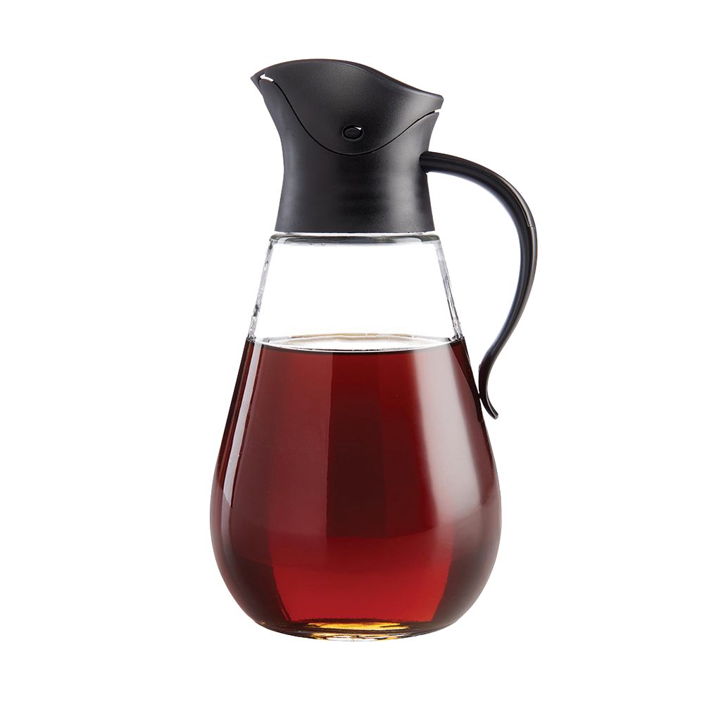 Elegant syrup dispenser with a drip-free, gravity-operated lid and curved handle, perfect for Kitchen & Food, Storage and Serving, Best Sellers, and Promo Eligible collections.