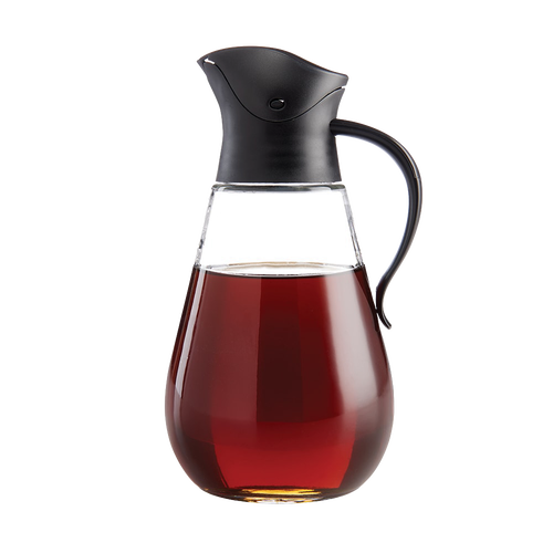 Elegant syrup dispenser with a drip-free, gravity-operated lid and curved handle, perfect for Kitchen & Food, Storage and Serving, Best Sellers, and Promo Eligible collections.