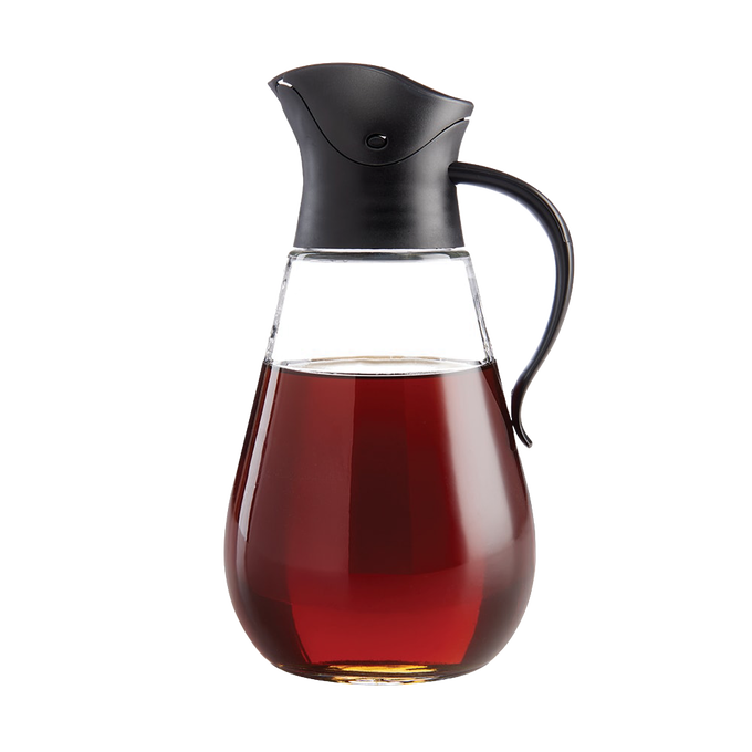 Elegant syrup dispenser with a drip-free, gravity-operated lid and curved handle, perfect for Kitchen & Food, Storage and Serving, Best Sellers, and Promo Eligible collections.