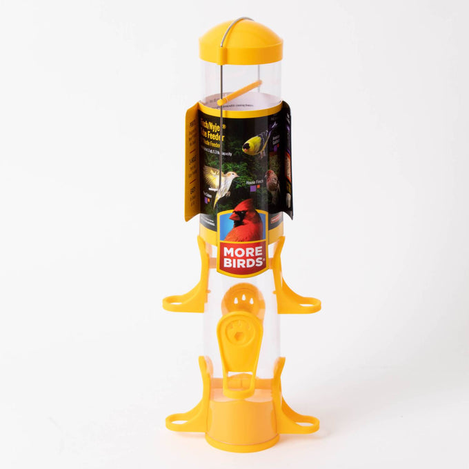 Handcrafted poly tube bird feeder with six yellow feeding ports and molded perches, designed to keep seeds dry, ideal for farm, garden & tool, animal care, and garden accessories collections.