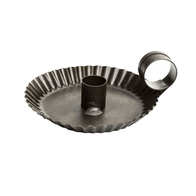 Handcrafted tin candle holder with crimped edges and a finger loop, made in the USA, perfect for lamps and lighting, candles and candlemaking, and candleholders collections.