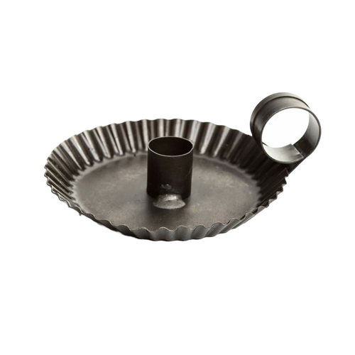 Handcrafted tin candle holder with crimped edges and a finger loop, made in the USA, perfect for lamps and lighting, candles and candlemaking, and candleholders collections.