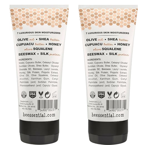Two 6 fl oz tubes of Beessential Hand and Body Cream showcasing a natural formula with honey, beeswax, and silk protein, handcrafted in USA, featured in Health & Wellness, Balms, Creams and Lotions, USA Made, Best Sellers, Promo Eligible, and Sale collections.
