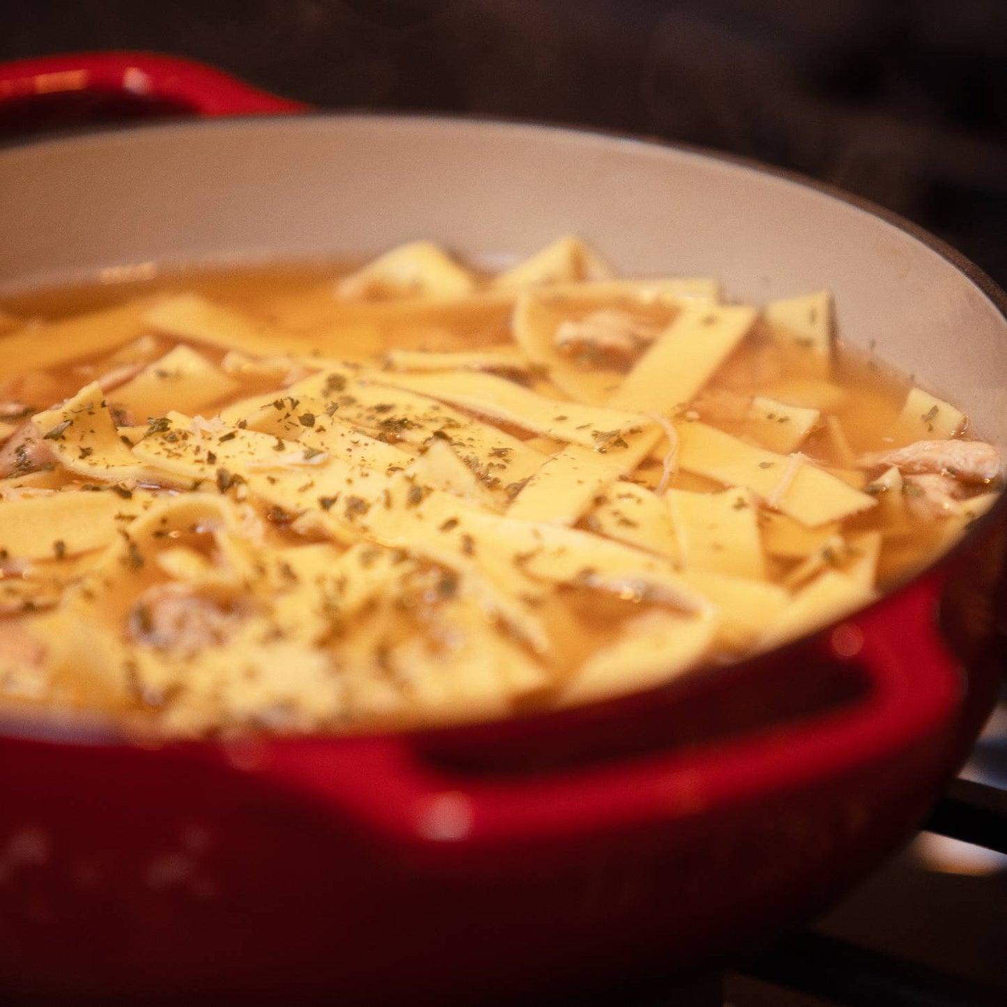 Red cooking pot with simmering homemade chicken noodle soup featuring wide egg noodles and herbs, highlighting wholesome meal preparation for Farm, Kitchen & Emergency Supplies collections.