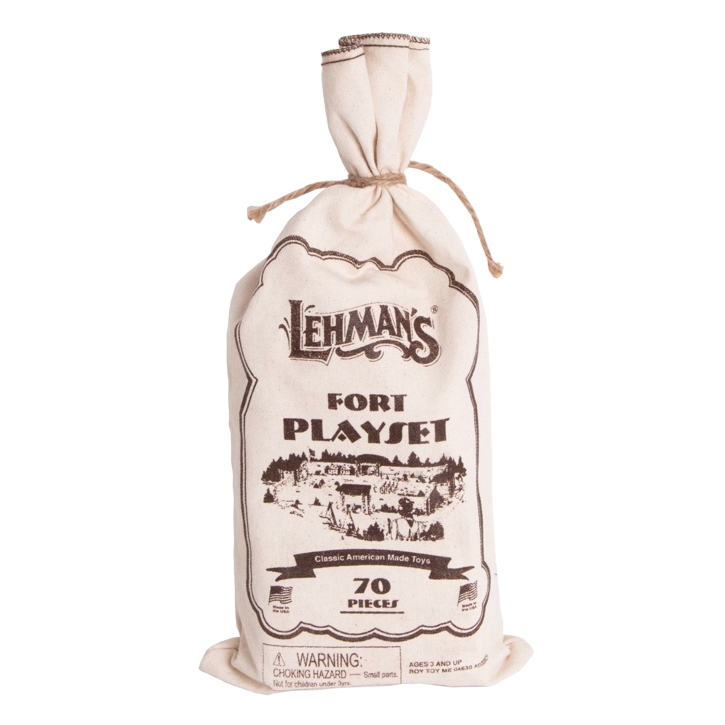 Reusable fabric drawstring bag featuring printed vintage-style design for Lehman’s Fort Wooden Log Playset, handcrafted wooden toy set made in USA for indoor creative play.