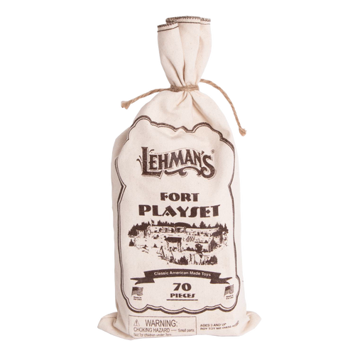 Reusable fabric drawstring bag featuring printed vintage-style design for Lehman’s Fort Wooden Log Playset, handcrafted wooden toy set made in USA for indoor creative play.