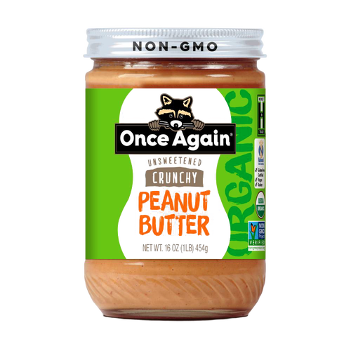 Glass jar of handcrafted unsweetened crunchy peanut butter made from organic peanuts, non-GMO and gluten-free, perfect for Kitchen & Food, Peanut Butter & Jellies, USA Made, Best Sellers, and Promo Eligible collections.
