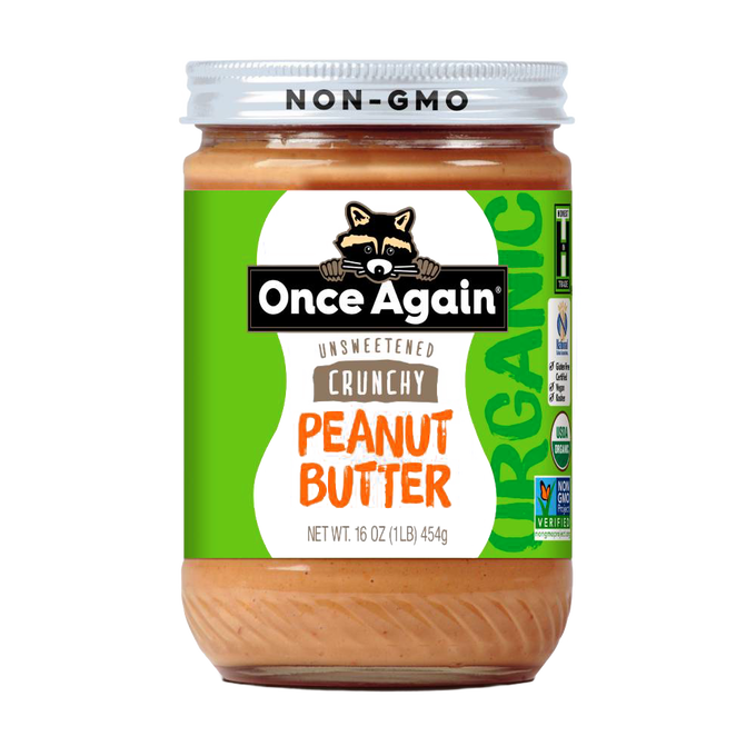 Glass jar of handcrafted unsweetened crunchy peanut butter made from organic peanuts, non-GMO and gluten-free, perfect for Kitchen & Food, Peanut Butter & Jellies, USA Made, Best Sellers, and Promo Eligible collections.