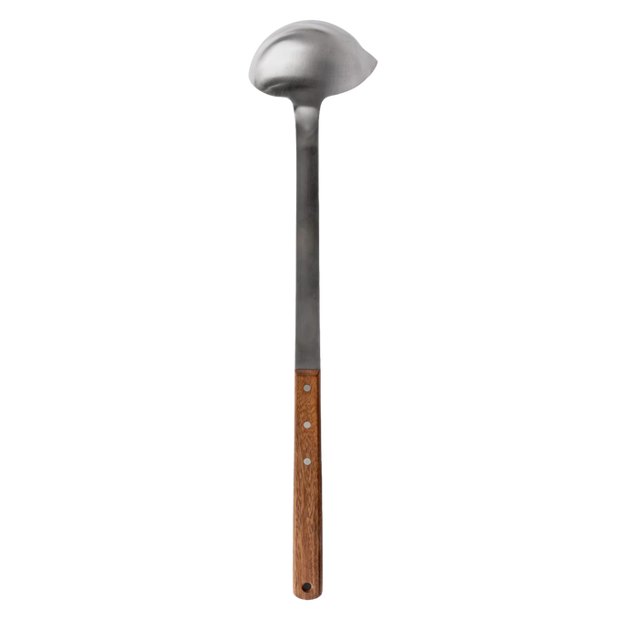 Generously sized stainless steel soup ladle with a handcrafted wooden handle, designed for easy serving in Farm, Garden & Tool, Kitchen & Food, Camping, Soups, and Storage and Serving collections.