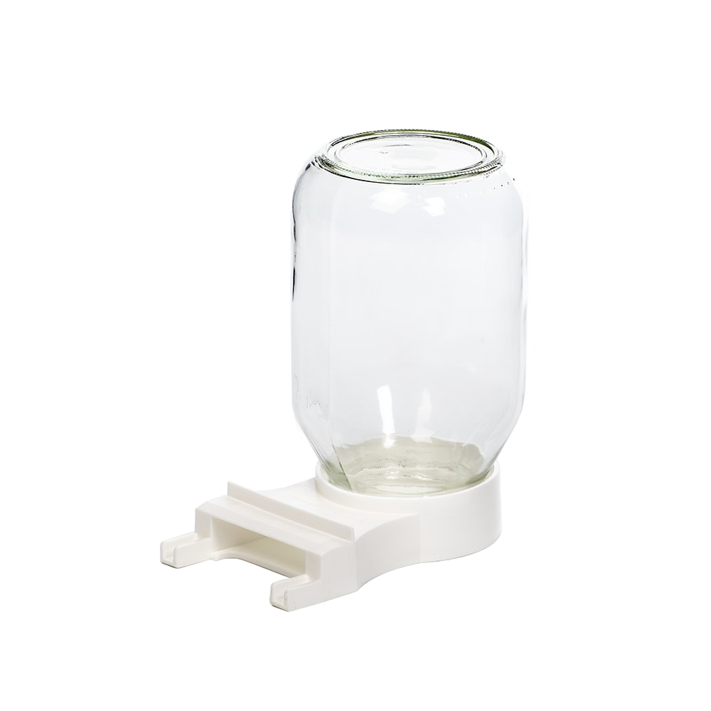 Clear glass jar feeder with a high-impact white plastic base featuring an extended tray for easy bee access, designed for apiaries and made in the USA, ideal for beekeeping supplies.