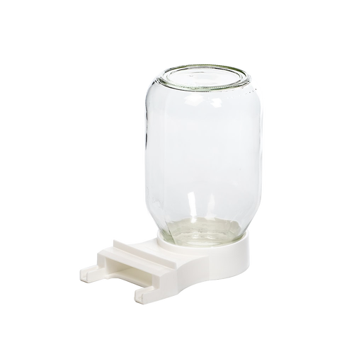 Clear glass jar feeder with a high-impact white plastic base featuring an extended tray for easy bee access, designed for apiaries and made in the USA, ideal for beekeeping supplies.