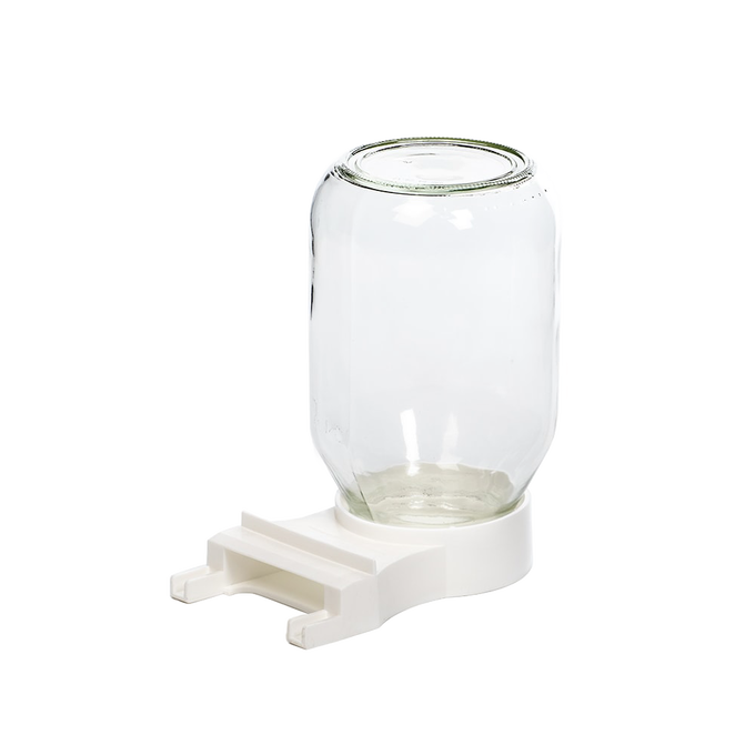 Clear glass jar feeder with a high-impact white plastic base featuring an extended tray for easy bee access, designed for apiaries and made in the USA, ideal for beekeeping supplies.