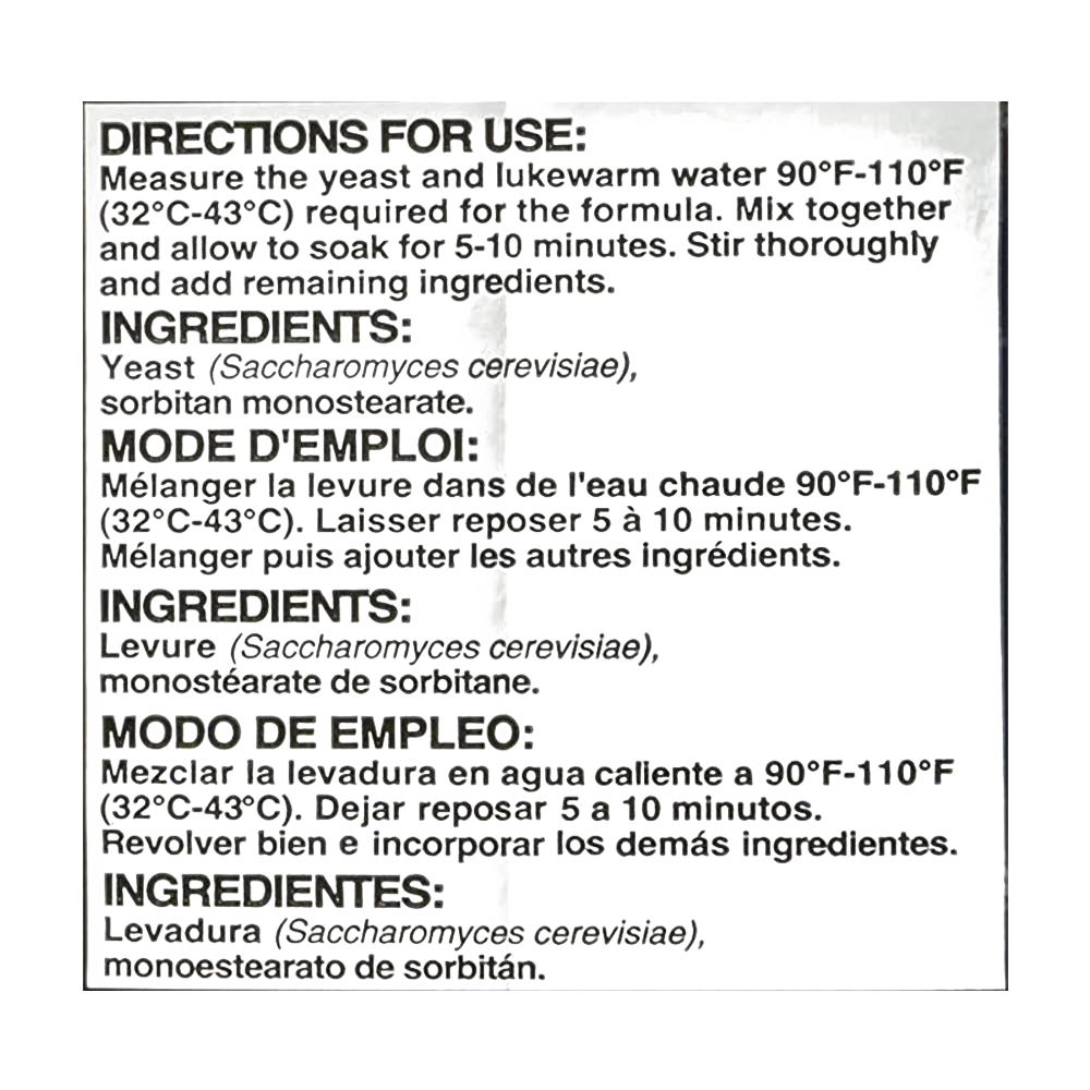 Printed instructions for measuring warm water between 90°F and 110°F to activate yeast, followed by directions to mix yeast and remaining ingredients, shown in English, French, and Spanish for Kitchen & Food, Food, Dry Goods and Mixes, Best Sellers, Bread Making Supplies, and Promo Eligible collections.