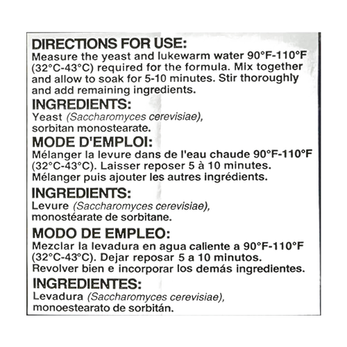 Printed instructions for measuring warm water between 90°F and 110°F to activate yeast, followed by directions to mix yeast and remaining ingredients, shown in English, French, and Spanish for Kitchen & Food, Food, Dry Goods and Mixes, Best Sellers, Bread Making Supplies, and Promo Eligible collections.