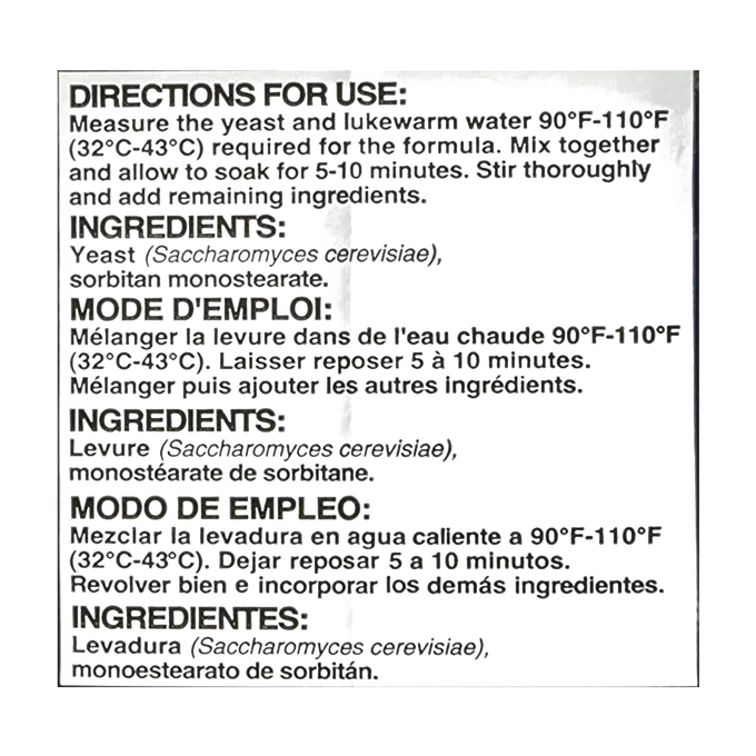 Printed instructions for measuring warm water between 90°F and 110°F to activate yeast, followed by directions to mix yeast and remaining ingredients, shown in English, French, and Spanish for Kitchen & Food, Food, Dry Goods and Mixes, Best Sellers, Bread Making Supplies, and Promo Eligible collections.