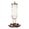 Clear vintage-style embossed glass hummingbird feeder with brushed copper base, four flower-shaped feeding ports, and metal hanger, perfect for Farm, Garden & Tool and Animal Care collections.