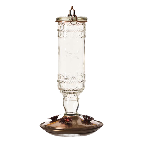 Clear vintage-style embossed glass hummingbird feeder with brushed copper base, four flower-shaped feeding ports, and metal hanger, perfect for Farm, Garden & Tool and Animal Care collections.