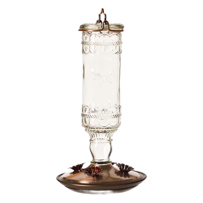 Clear vintage-style embossed glass hummingbird feeder with brushed copper base, four flower-shaped feeding ports, and metal hanger, perfect for Farm, Garden & Tool and Animal Care collections.