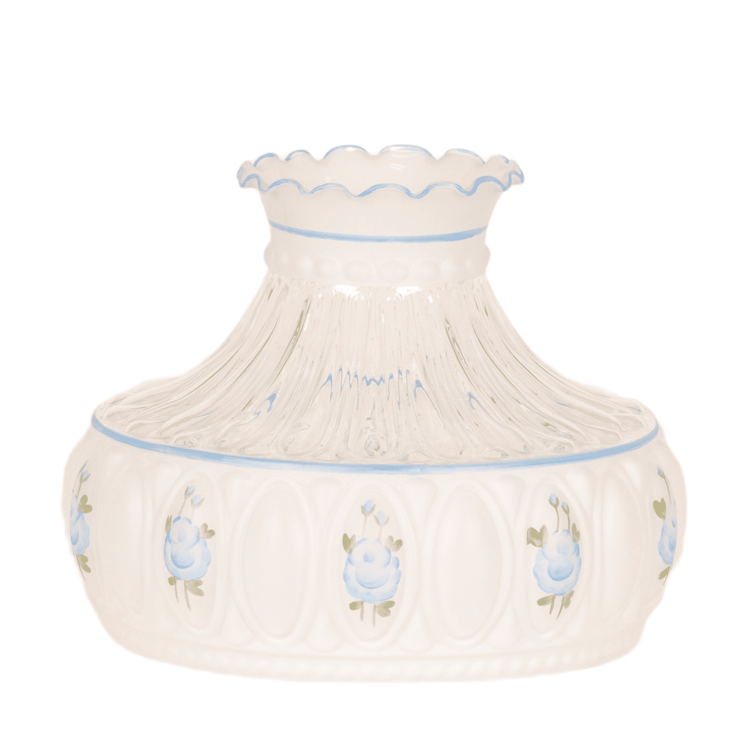Handcrafted blue rose patterned glass lamp shade with a ruffled top edge, designed for Aladdin lamps, part of Lamps & Lighting, Parts and Accessories, Lamp Shades, and Best Sellers collections.