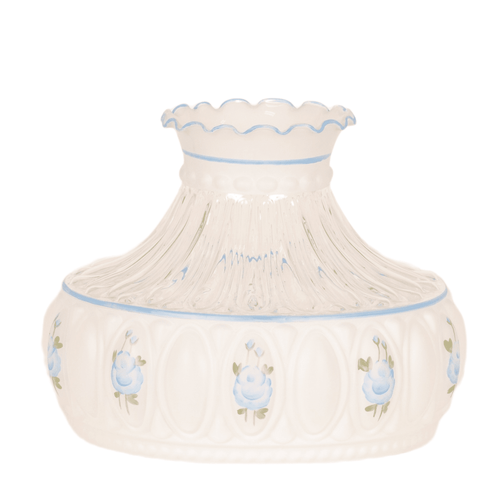 Handcrafted blue rose patterned glass lamp shade with a ruffled top edge, designed for Aladdin lamps, part of Lamps & Lighting, Parts and Accessories, Lamp Shades, and Best Sellers collections.