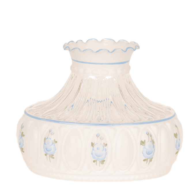 Handcrafted blue rose patterned glass lamp shade with a ruffled top edge, designed for Aladdin lamps, part of Lamps & Lighting, Parts and Accessories, Lamp Shades, and Best Sellers collections.