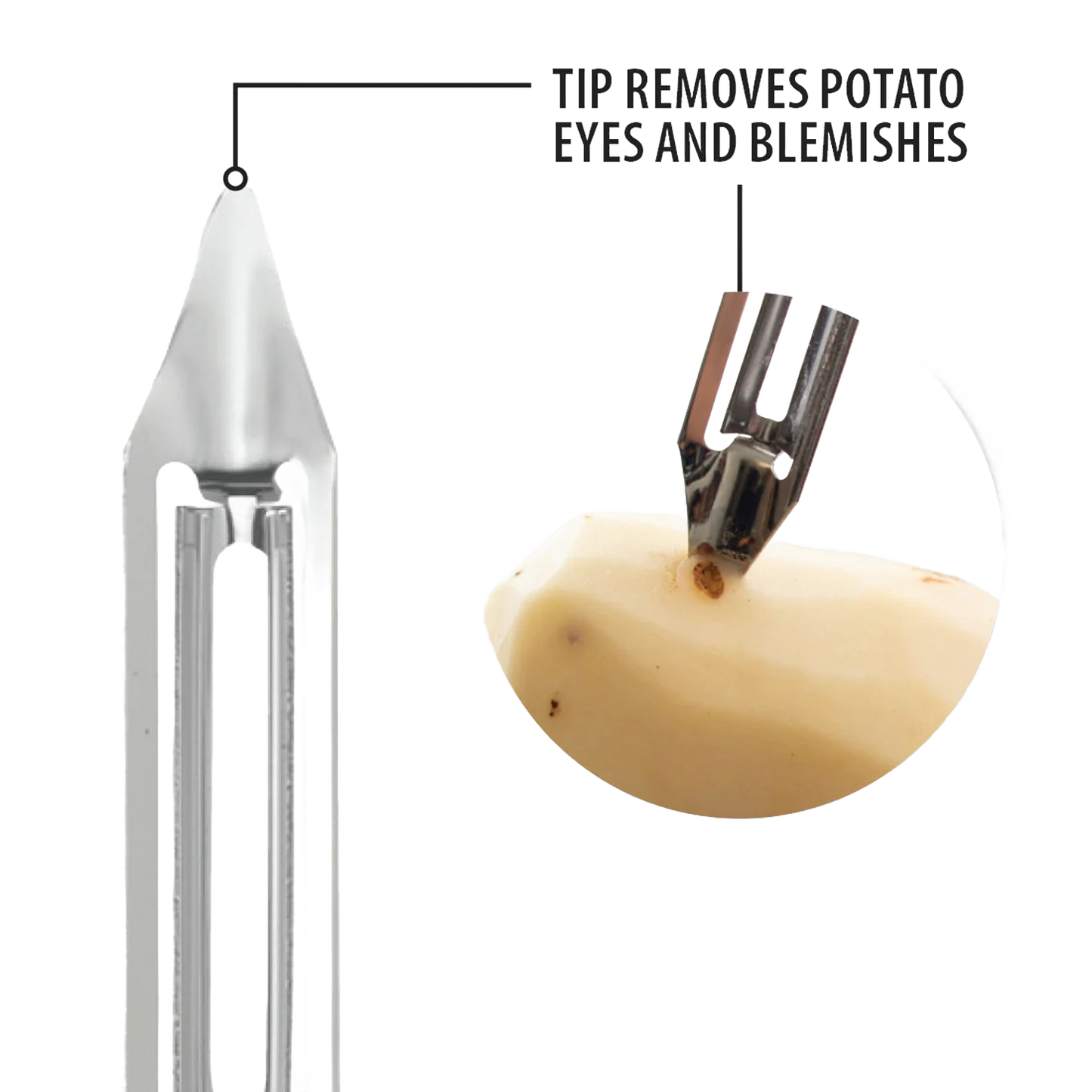 Close-up of the handcrafted vegetable peeler’s stainless steel tip designed to remove potato eyes and blemishes, made in USA, ideal for Kitchen & Food, Specialty Equipment, Peelers and Pitters collections.