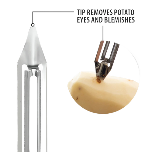 Close-up of the handcrafted vegetable peeler’s stainless steel tip designed to remove potato eyes and blemishes, made in USA, ideal for Kitchen & Food, Specialty Equipment, Peelers and Pitters collections.