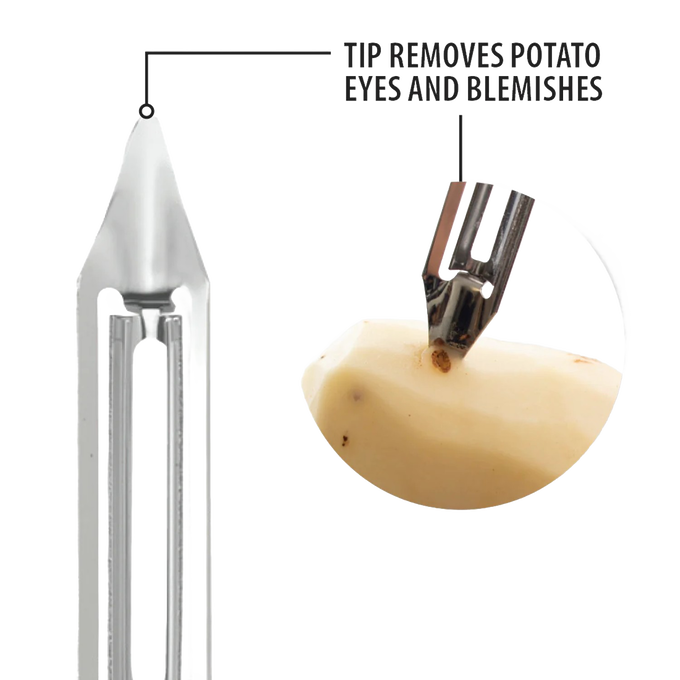 Close-up of the handcrafted vegetable peeler’s stainless steel tip designed to remove potato eyes and blemishes, made in USA, ideal for Kitchen & Food, Specialty Equipment, Peelers and Pitters collections.