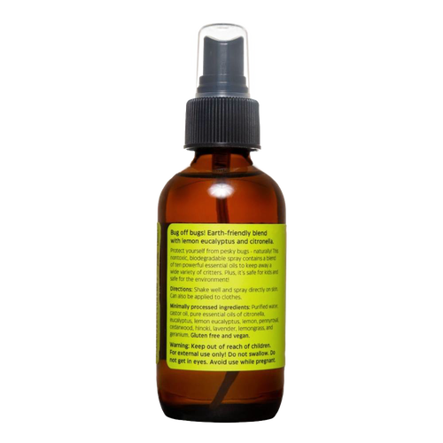 Amber glass spray bottle of natural insect repellent featuring a bright green label describing essential oil ingredients, safe for kids, suitable for Farm, Garden & Tool, Camping, USA Made, and Best Sellers collections.