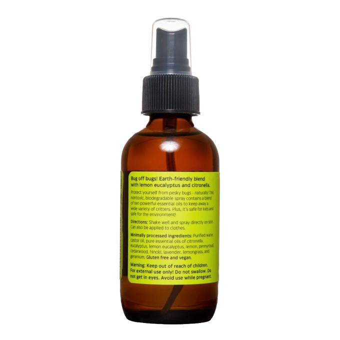 Amber glass spray bottle of natural insect repellent featuring a bright green label describing essential oil ingredients, safe for kids, suitable for Farm, Garden & Tool, Camping, USA Made, and Best Sellers collections.