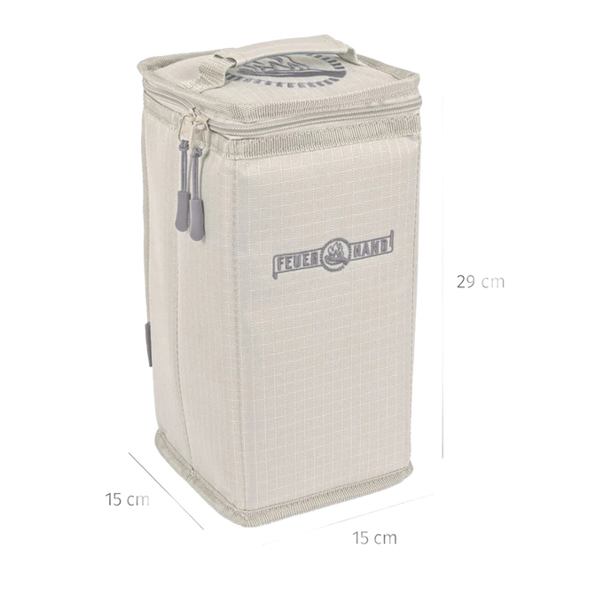 Beige padded nylon carrying case with reinforced inlay and dual zipper closures, designed for secure transport of lanterns in camping, emergency supplies, and lighting accessories collections.