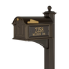 Handcrafted bronze and gold mailbox with raised address numbers on front, mounted on a decorative post, made in USA, featured in Home & Decor and Mailboxes and Address Signs collections.