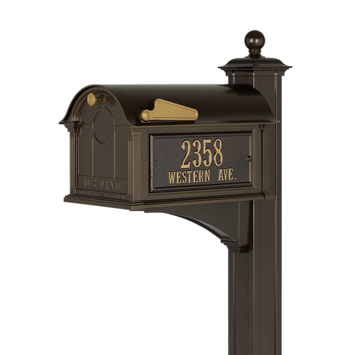 Handcrafted bronze and gold mailbox with raised address numbers on front, mounted on a decorative post, made in USA, featured in Home & Decor and Mailboxes and Address Signs collections.