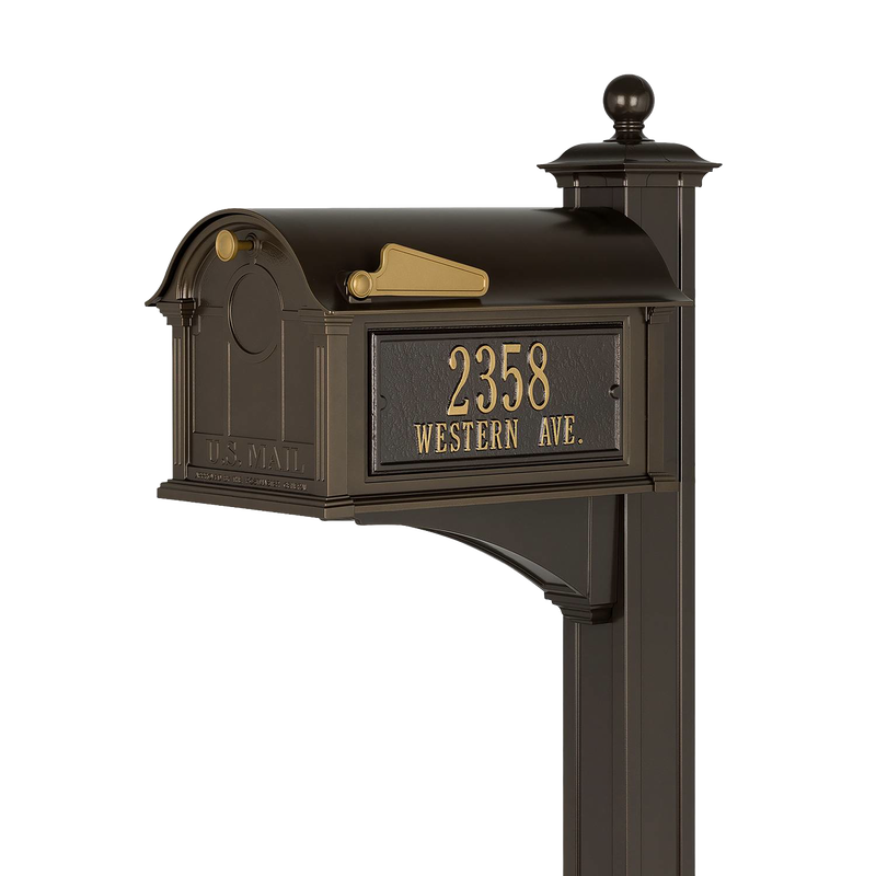 Handcrafted bronze and gold mailbox with raised address numbers on front, mounted on a decorative post, made in USA, featured in Home & Decor and Mailboxes and Address Signs collections.