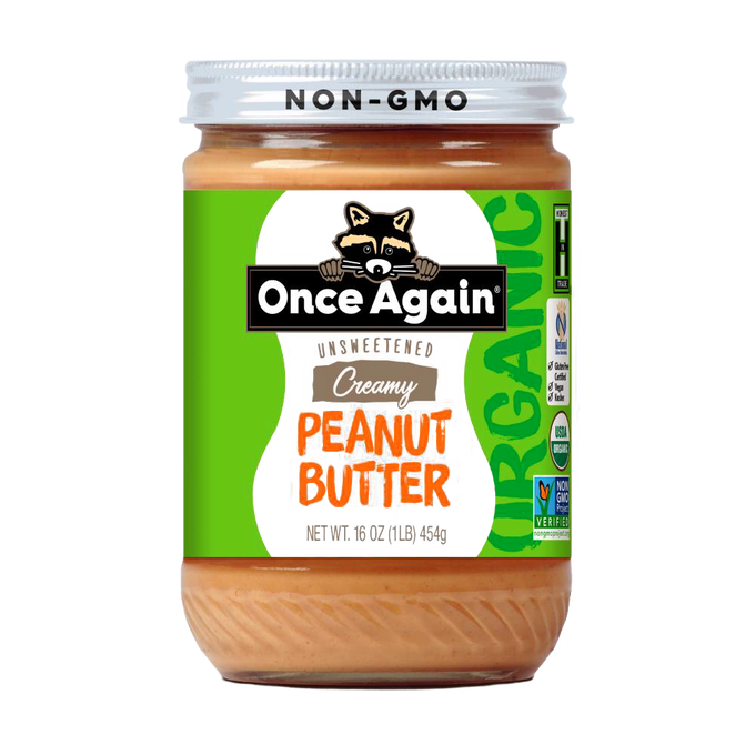 Jar of handcrafted creamy unsweetened organic peanut butter made in USA, non-GMO and gluten free, ideal for Kitchen & Food, Peanut Butter & Jellies, USA Made, Best Sellers, and Promo Eligible collections