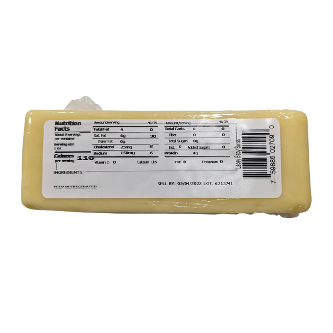 Block of handcrafted Lacey Baby Swiss cheese with nutrition facts label showing zero carbohydrates, 9g total fat, 6mg cholesterol, and made in USA, ideal for Kitchen & Food and Meats collections.