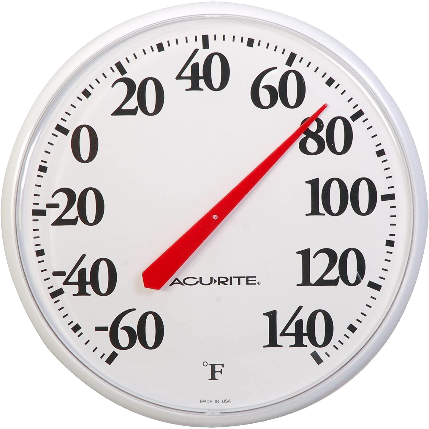 White 12-inch diameter indoor outdoor thermometer with large black numbers and red needle, Fahrenheit scale, water-resistant for farm, garden, and outdoor use in best sellers and promo collections.